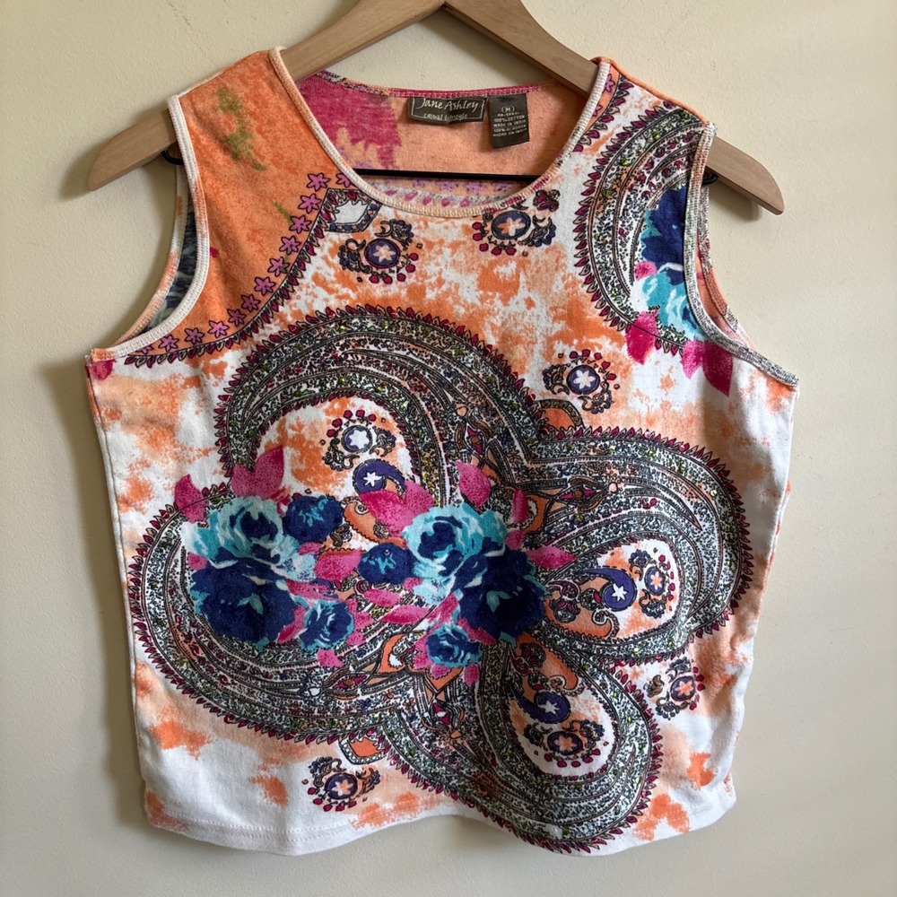 Jane Ashley Tie Dye Paisley Floral Rhinestone Tank Top Orange Pink Medium